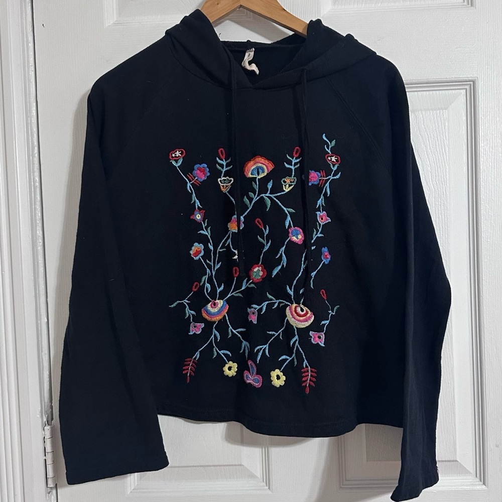 Index Embroidered Floral Hoodie Black Pullover Boho Sweatshirt Women M